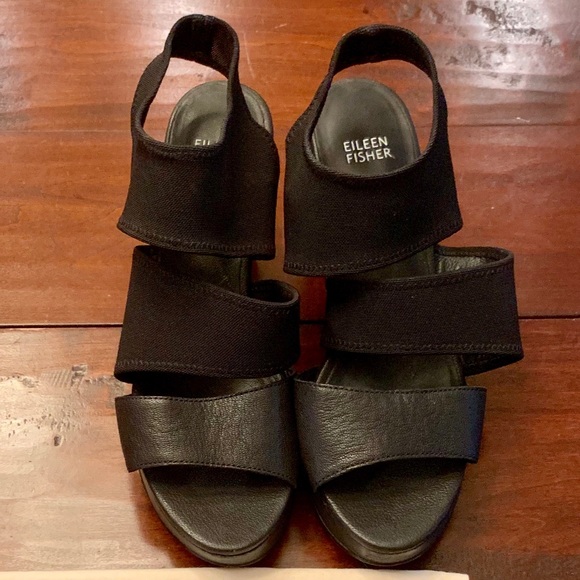 Eileen Fisher Black Wedge Sandals 9.5M - Picture 1 of 6